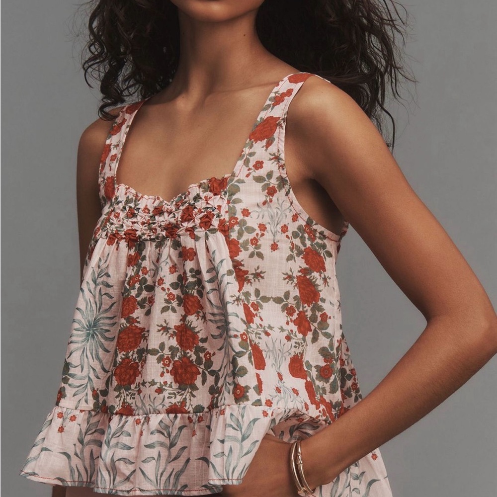 Maeve Pink Floral Blouse with Red and Green Accents